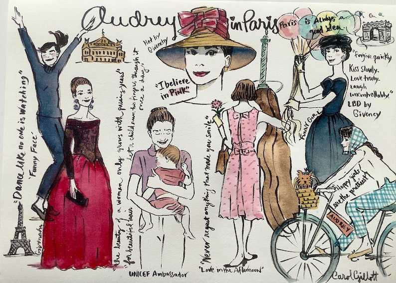 May include: A watercolor illustration of Audrey Hepburn in Paris. The illustration features several scenes of Audrey in different outfits, including a pink dress, a black dress, and a blue and white gingham dress. The illustration also includes text that says "Dance like no one is watching", "Funny Face", "I believe in pink", "Never regret anything that made you smile", "Love in the Afternoon", "Forgive quickly, Kiss slowly, Love truly, Laugh uncontrollably", "LBD by Givenchy", "Happy girls are the prettiest", and "Audrey".