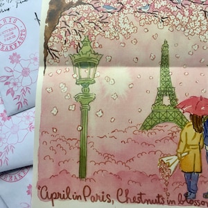 Eiffel Tower Paris Letter, with cherry blossoms, Spring print, April in Paris, single letter, Size A4, Sent from Paris folded via la Poste