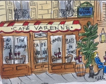 Café Varenne, Pariser Café, Original-Aquarell, Größe: 15,2 x 20,3 cm, Versand aus Paris mit Sendungsverfolgung