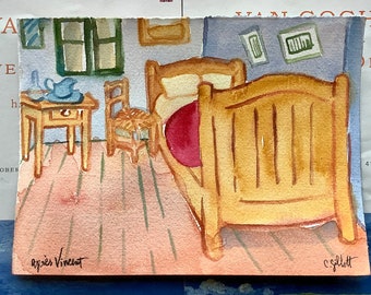 Vincent's Bedroom, Original watercolor, Size: 6” x8”, mailed from Paris with tracking