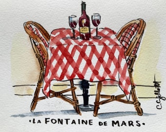 Fontaine de Mars, Paris, original watercolor, Red checked table & chairs, Size:6” x 8”, Shipped with tracking from Paris