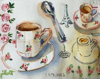 Paris Limoges teacup with roses, a Paris gift, Original watercolor Size: 6” x 8” shipped from Paris with tracking