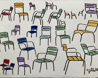 Luxembourg garden chair study, watercolor, Original artwork, Size: 6”x 8”, shipped with tracking