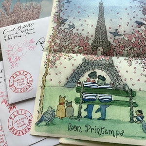 Cartas desde París, abril en París, flores de cerezo, impresión de acuarela, una sola carta plegada, regalo perfecto de París, tamaño A4, (EIFFEL)