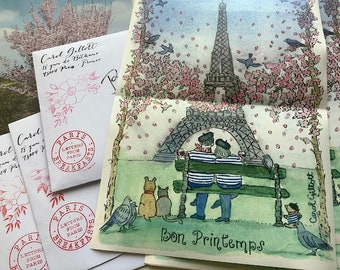 April in Paris letter, cherry blossoms, watercolor print, a single letter folded, perfect Paris gift, Size A4, Sent from France via la Poste