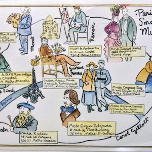 Pequeño mapa del museo de París, carta ilustrada de París, doblada en un sobre, tamaño: A4 8-1/4 x 11-3/4” enviada desde París (febrero de 2018)