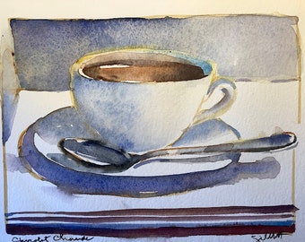 French Hot Chocolate, chocolat chaude, watercolor, Original artwork, Size: 6” x 8”, shipped with tracking from Paris