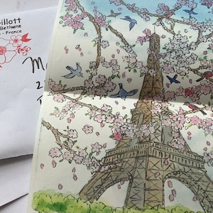 CARTAS DE PARÍS, Torre Eiffel, con estampado de flores de cerezo de primavera, carta individual, tamaño A4, enviadas desde Francia plegadas a través de La Poste