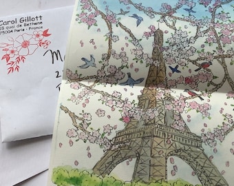 PARIS LETTERS, Eiffel tower, with Spring cherry blossoms print, single letter, Size A4, Sent from France folded via la Poste