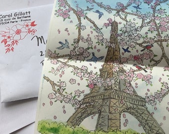 PARIS LETTERS, Eiffel tower, with Spring cherry blossoms print, single letter, Size A4, Sent from France folded via la Poste