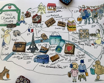 Paris Chocolate shop Map, Single folded letter + Paris Souvenirs, Size A4 Mailed from Paris Sent folded Chocolates for Francophiles