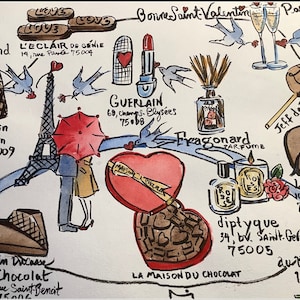 Carta de chocolate de París. Una sola carta ilustrada de París, doblada en un sobre. Tamaño: A4 8-1/4 x 11-3/4”, enviada desde París.