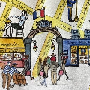 May include: A watercolor illustration of the Marche des Enfants Rouges in Paris. The scene features a central arched entrance with the text 1615, a yellow fromagerie shop, a blue Jean-Paul Hevin shop, and various figures walking along yellow streets.