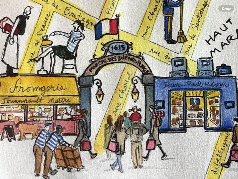 May include: A watercolor illustration of the Marche des Enfants Rouges in Paris. The scene features a central arched entrance with the text 1615, a yellow fromagerie shop, a blue Jean-Paul Hevin shop, and various figures walking along yellow streets.