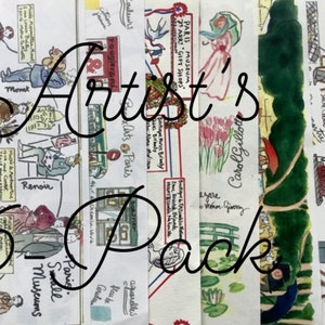 Paquete de 6 cartas ilustradas por artistas, cartas/mapas, enviadas planas desde París, con seguimiento