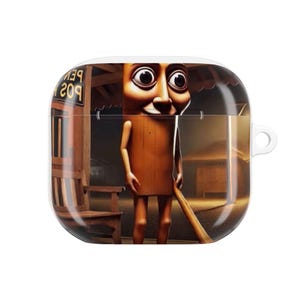May include: A square-shaped white protective case for wireless earbuds featuring a printed graphic of a wooden character with large eyes standing in a dimly lit room with a wooden chair and a sign that reads 209.
