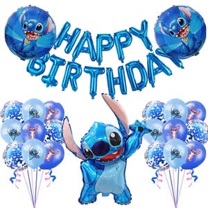 May include: A collection of blue balloons, including foil balloons spelling "HAPPY BIRTHDAY" and character-shaped balloons. The balloons feature a cartoon character and are suitable for a birthday celebration.