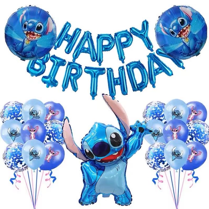 May include: A collection of blue balloons, including foil balloons spelling "HAPPY BIRTHDAY" and character-shaped balloons. The balloons feature a cartoon character and are suitable for a birthday celebration.