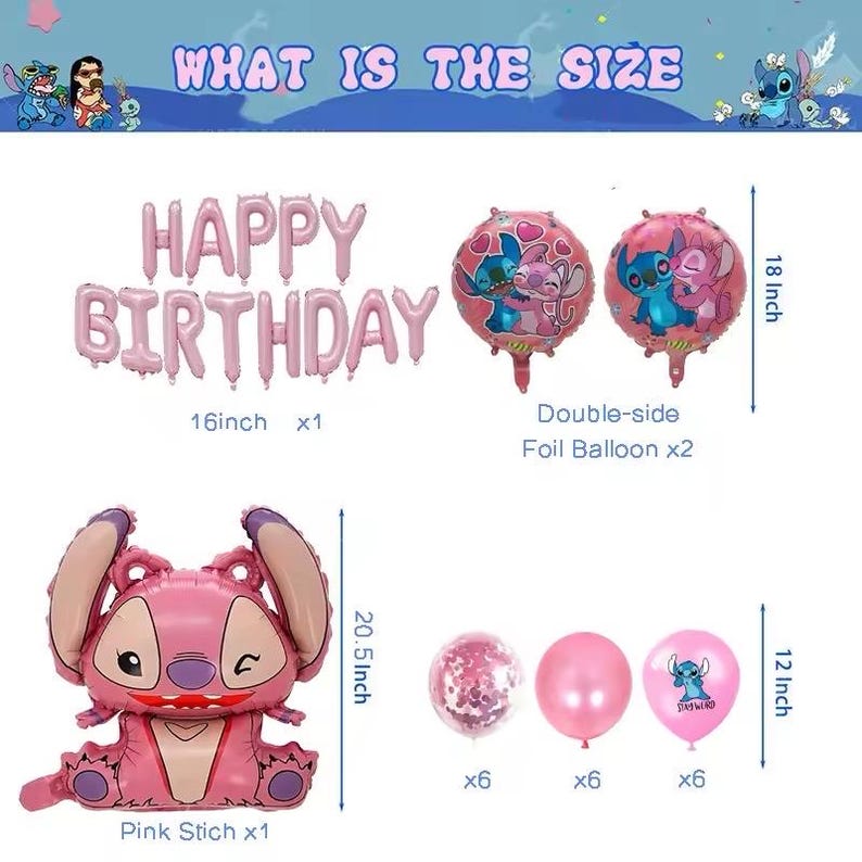 May include: A pink birthday party balloon set featuring the text "HAPPY BIRTHDAY". Includes a large pink Stitch balloon (20.5 inches), two round foil balloons (18 inches), and smaller balloons. The set includes six of each small balloon type.
