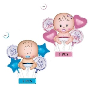 5 sztuk Gender Reveal Party Boy Girl Shower Niebieski Różowy Wzór z kreskówki dla dzieci Folia aluminiowa Balon Dziecięce Artykuły Urodzinowe Dekoracje