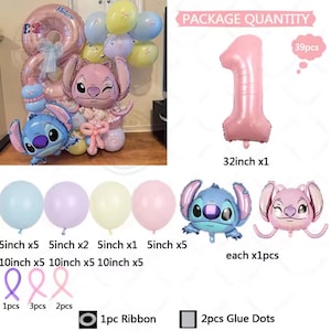 Może przedstawiać: Zestaw balon&oacute;w i dekoracji na przyjęcie. Zawiera duży r&oacute;żowy balon w kształcie cyfry jeden (81 cm), balony z postaciami Stitcha oraz r&oacute;żne okrągłe balony w pastelowych kolorach. Zawiera r&oacute;wnież wstążki i kropki kleju.