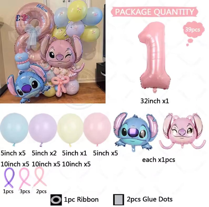 Może przedstawiać: Zestaw balon&oacute;w i dekoracji na przyjęcie. Zawiera duży r&oacute;żowy balon w kształcie cyfry jeden (81 cm), balony z postaciami Stitcha oraz r&oacute;żne okrągłe balony w pastelowych kolorach. Zawiera r&oacute;wnież wstążki i kropki kleju.