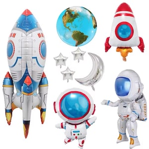 May include: A collection of space-themed foil balloons. Includes two rocket ships, an astronaut, a globe, silver stars, a crescent moon, and a small astronaut. The balloons are in shades of blue, white, red, and silver.