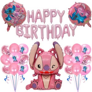 May include: A pink birthday party balloon set featuring the text "HAPPY BIRTHDAY". The set includes character balloons of Stitch and Angel, along with pink and confetti-filled balloons. A fun party decoration.