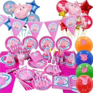 Juego de decoración de globos para fiesta de cumpleaños familiar de cerdos de dibujos animados para niñas, vajilla desechable para fiesta, gorro de cumpleaños para baby shower