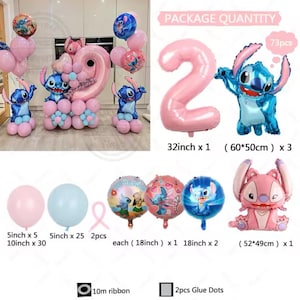 May include: A party balloon set featuring the character Stitch. The set includes pink and blue balloons, foil balloons, and a large number 2 balloon. The package includes 73 pieces, with sizes ranging from 12.7 cm to 81.3 cm.
