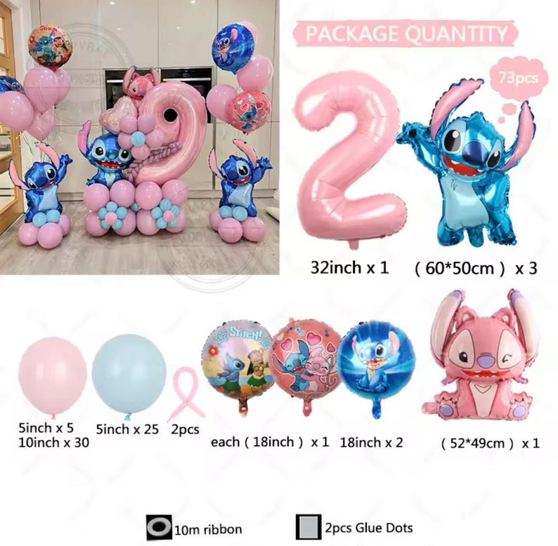 May include: A party balloon set featuring the character Stitch. The set includes pink and blue balloons, foil balloons, and a large number 2 balloon. The package includes 73 pieces, with sizes ranging from 12.7 cm to 81.3 cm.