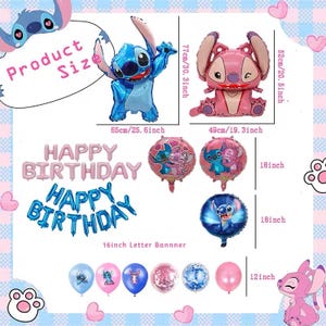 May include: A collection of Stitch-themed birthday party decorations. Includes blue and pink foil balloons shaped like Stitch and Angel, along with round balloons and a "Happy Birthday" banner. The Stitch balloons are 25.6 and 19.3 inches tall.