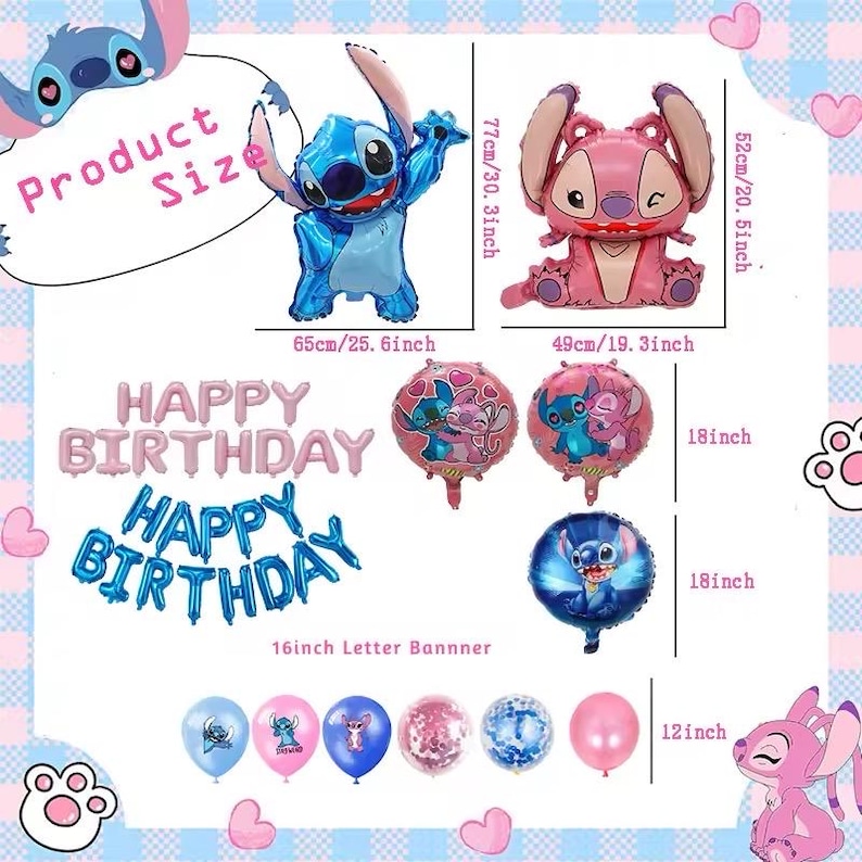 May include: A collection of Stitch-themed birthday party decorations. Includes blue and pink foil balloons shaped like Stitch and Angel, along with round balloons and a "Happy Birthday" banner. The Stitch balloons are 25.6 and 19.3 inches tall.