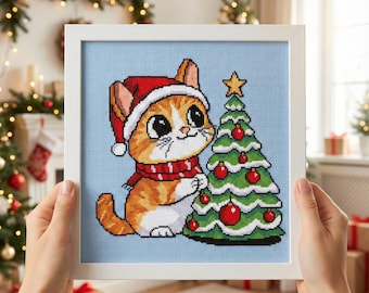 Xmas Kitty - Cat by a christmas tree - Christmas cross stitch pattern