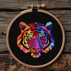 Colorful Tiger cross stitch pattern for black background or white aida - colurful animals collection of digital cross stitch patterns