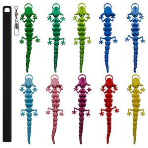 May include: Ten colorful plastic lizard toys, each with a segmented body and a tail. The lizards are in various colors, including green, blue, pink, red, and yellow.