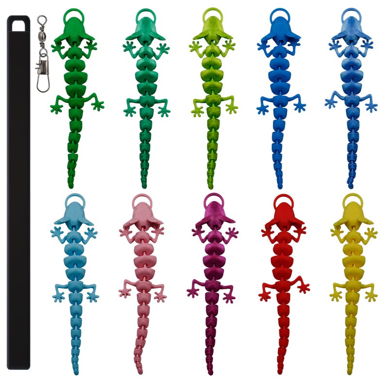May include: Ten colorful plastic lizard toys, each with a segmented body and a tail. The lizards are in various colors, including green, blue, pink, red, and yellow.