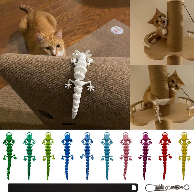 May include: A set of ten colorful lizard-shaped cat toys with a black wand and a silver swivel clip. The toys are made of flexible plastic and are designed to be durable and fun for cats to play with.