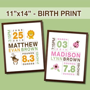 Baby Birth Print for Boys and Girls Custom Personalized Birth Announcement Nursery Art Size 11x14 image 1