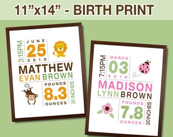 Baby Birth Print for Boys and Girls - Custom Personalized Birth Announcement Nursery Art - Size 11x14