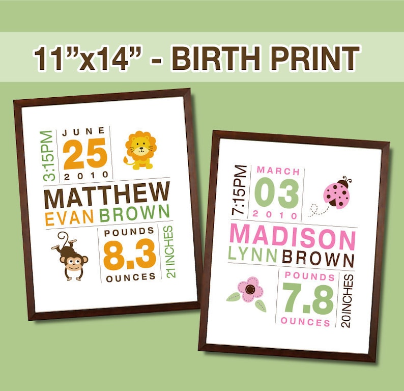 Baby Birth Print for Boys and Girls Custom Personalized Birth Announcement Nursery Art Size 11x14 image 1