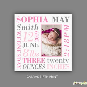 FREE SHIPPING USA and Canada! - Canvas Birth Print Nursery Artwork - Baby Girl Birth Announcement Stats