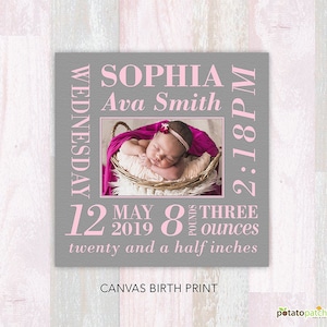 FREE SHIPPING USA and Canada! - Canvas Birth Print Nursery Artwork - Baby Girl Birth Announcement Stats