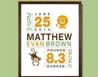 8x10 Birth Print for Boys - Custom Nursery Art