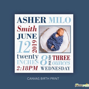 FREE SHIPPING USA and Canada! - Canvas Birth Print Nursery Artwork - Baby Boy Birth Announcement Stats