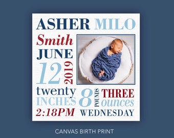 FREE SHIPPING USA and Canada! - Canvas Birth Print Nursery Artwork - Baby Boy Birth Announcement Stats