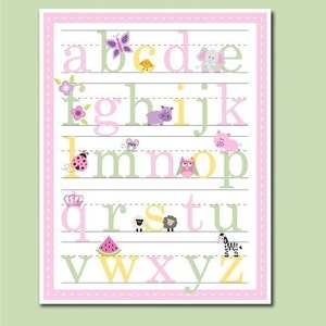 11x14 Alphabet Poster for Girls -Pink Sage Yellow or Brown and Pink