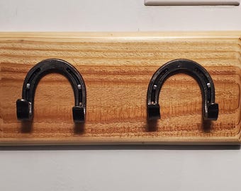 Rustic Horseshoe Towel or Coat Rack, Handcrafted Rustic Charm, Hand Forged Hooks on Cedar Plank