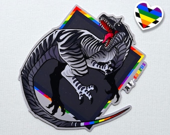 Lgbtqia pride month  flag dinosaur allosaurus stickers: Ally-saurus pun sticker