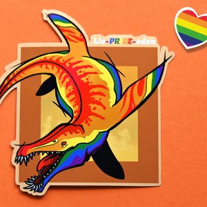 Adesivi con bandiera del mese dell'orgoglio LGBTQIA, dinosauri e rettili marini: adesivo con gioco di parole Lio-PRIDE-odon